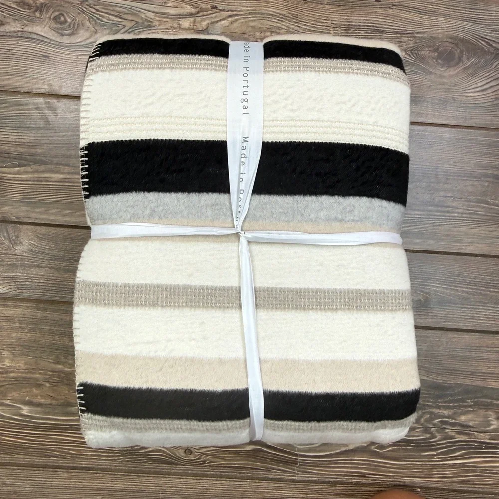 Docofil Queen Size Soft Blanket Cream Tan Black Striped Made in Portugal NEW